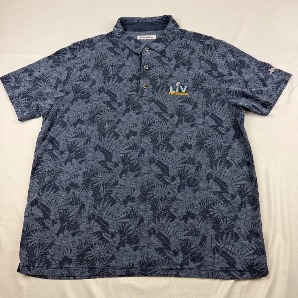 Tommy Bahama Polo Mens XL Blue Super Bowl LIV Floral Tencel Blend Short Sleeve